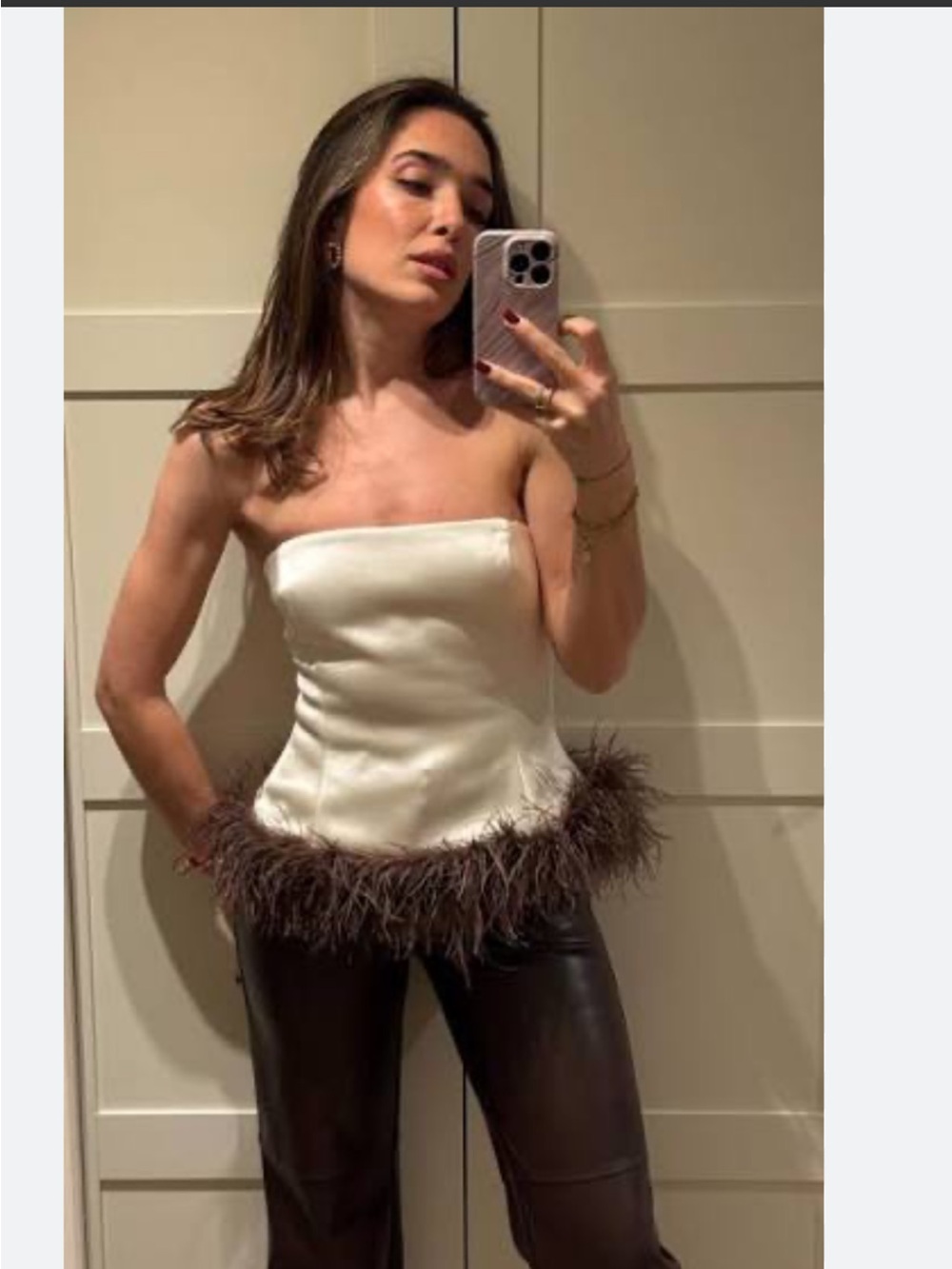 Zara Cream Strapless Camisole with Brown Feather Hem - Picture 3 of 8